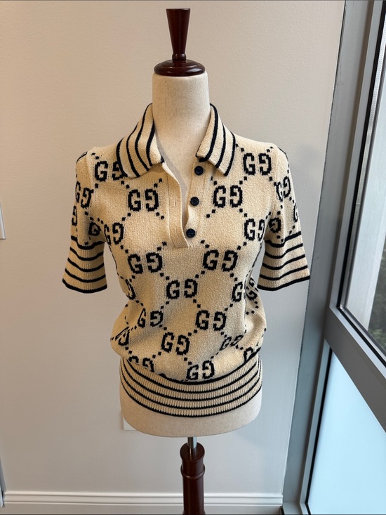 Gucci Tops - Gucci Ivory Knit Polo Top with Black GG Motif